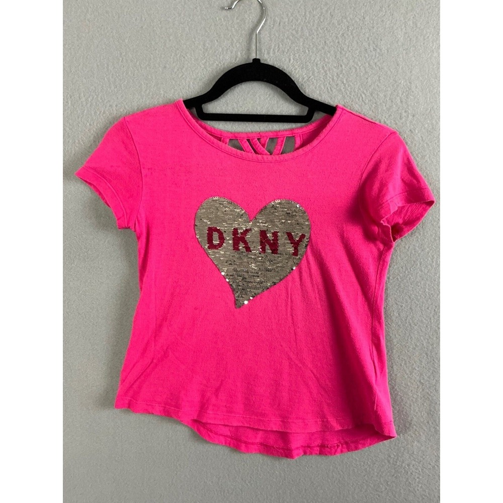 DKNY Girl's Tee Shirt Women's Medium Sequin Heart Graphic Tee Design